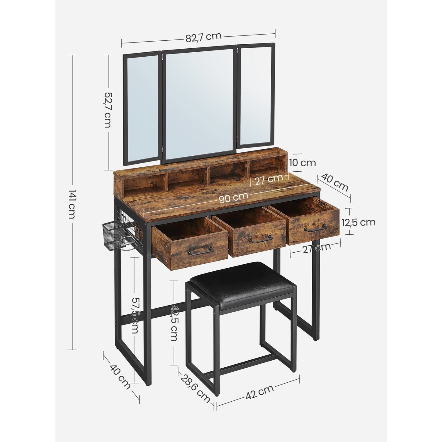 Kaptafel – Make-uptafel – Toiletmeubel – Schminktafel – Industrieel – 3 Ruime Lades – Draaibare Spiegel – Vintage Bruin-Zwart