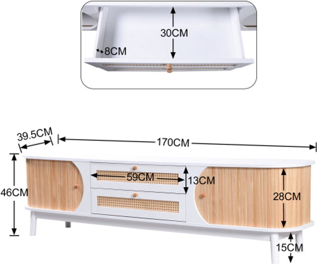 TV-Meubel - van Natuurlijke Houtmix - met Deuren en Lades - TV-Meubel met Rotan Zijkanten - Opbergoplossing - Natuurlijke - Landhuisstijl
