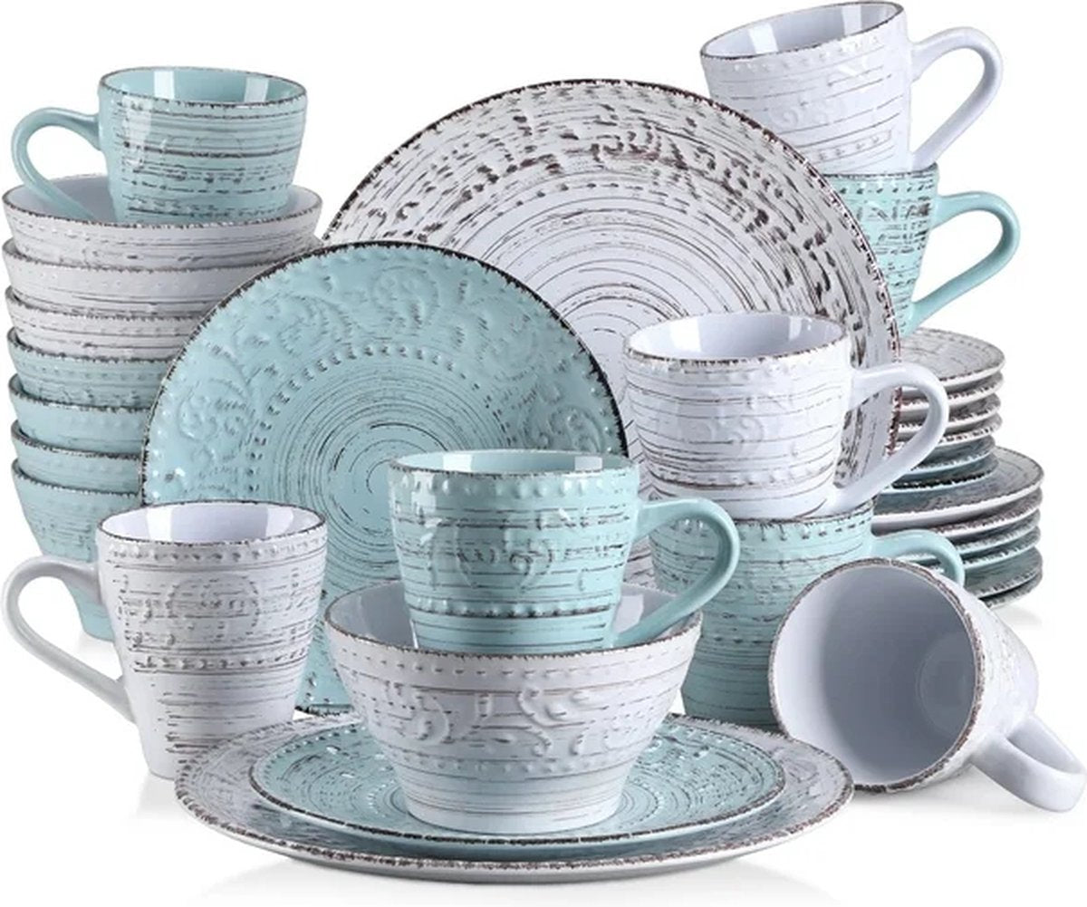 Luxe Serviesset- 32 delig – 8 persoons – Porselein - Bordenset – Dinner platen – Dessertborden - Kommen - Mokken - Wit & Blauw