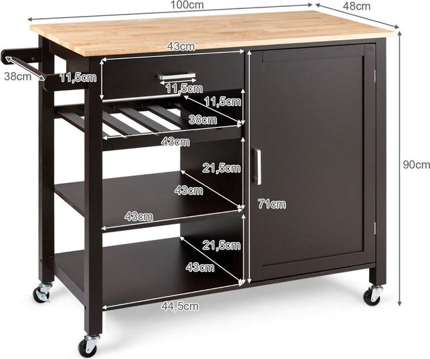 Keukeneiland - Verplaatsbaar - Keukenkast - Dressoir - Organizer - Kasten - Houten Werkblad - Lade - Zwart