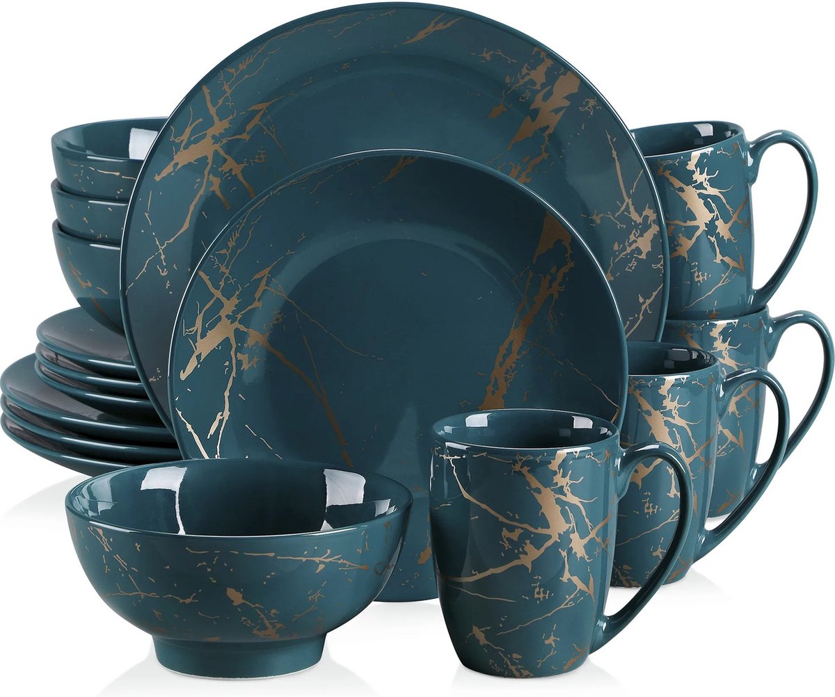 Serviesset - Ceramisch - Donkergroen/Goud - 16-delig - Ontwerp Door Goud Splash - Dinerbord - Dessertbord - Kommen - Koffiekoppen