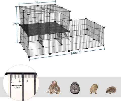 Huisdierkooi - Huisdierhok - Verstelbaar en Opvouwbaar - 2 Verdiepingen - Zwart - 140x70x70cm - Konijn - Hond - Kennel