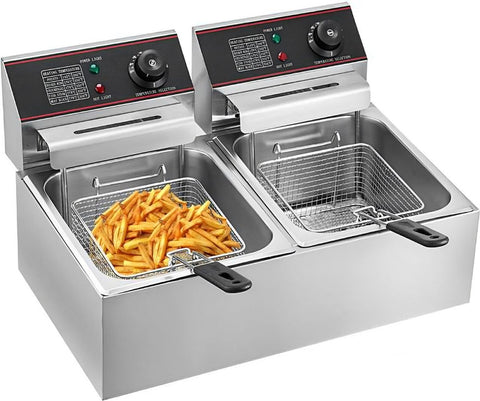 Friteuse - Dubbele Frituurpan - 2 x 6 Liter - Roestvrij staal - Draaisysteem - Dubbele tanks - voor fastfoodrestaurant of kampeerpicknick - 220V - 5000W