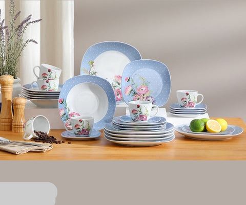 Luxe Serviesset - Bordenset - Kommen set - Soep Borden - Dessert Borden - Dinerborden - set van 30 - 6 persoons - Wit - Blauw - Bloemen