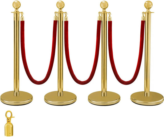 Staanderpalen Goud - Met Rood Fluwelen Touw - Cinema - Rode Loper Paaltjes - Afzetpalen Voor Events - Wachtrij - Crowd Control - Entrance