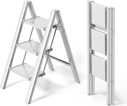 3-staps ladder - aluminium opvouwbaar opstapje - trapladder - 3-staps opvouwbare staande ladder - antislip - maximaal draagvermogen 150 kg - draagbaar lichtgewicht opstapje (zilver-wit)