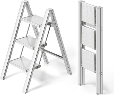 3-staps ladder - aluminium opvouwbaar opstapje - trapladder - 3-staps opvouwbare staande ladder - antislip - maximaal draagvermogen 150 kg - draagbaar lichtgewicht opstapje (zilver-wit)