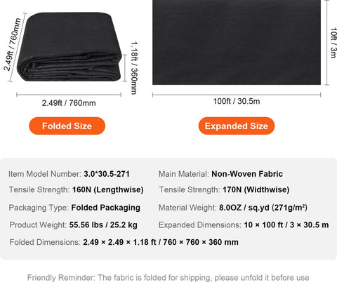 Tuinvlies - Onkruidvlies - Niet-geweven Stof - 3,0 x 30,5 m - 271 g/m2 Pp - Opritdrainagedoek - Voor Opritstabilisatie - Tuinbouw - Landbouw En Drainage - Zwart
