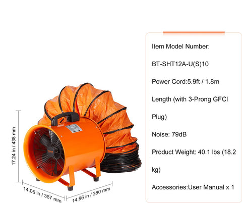 Bouwventilatoren - Bouwventilator Blower - 1214 L/S - 367W - AC- Axiaalventilator - IndustriëLe Ventilator - Voor Magazijnen, Bouwplaatsen, Fabrieken, Kelders, Keukens - Met 10M Slang - Oranje