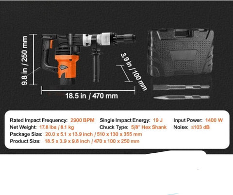 Sloophamer EX7 - Professionele Breekhamer - 1400W - 2900Bpm - Lichtgewicht - Schokabsorberend - Ergonomisch Ontwerp - Incl koffer en twee beitels