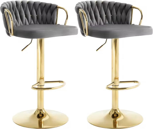 Luxe barkruk - Fluweel Barkruk - Set van 2 - Gevlochten - Hoogte verstelbaar - 360 graden draaibaar - Velvet - Gouden poot - Grijs