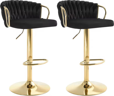 Luxe barkruk - Fluweel Barkruk - Set van 2 - Gevlochten - Hoogte verstelbaar - 360 graden draaibaar - Velvet - Gouden poot - Zwart