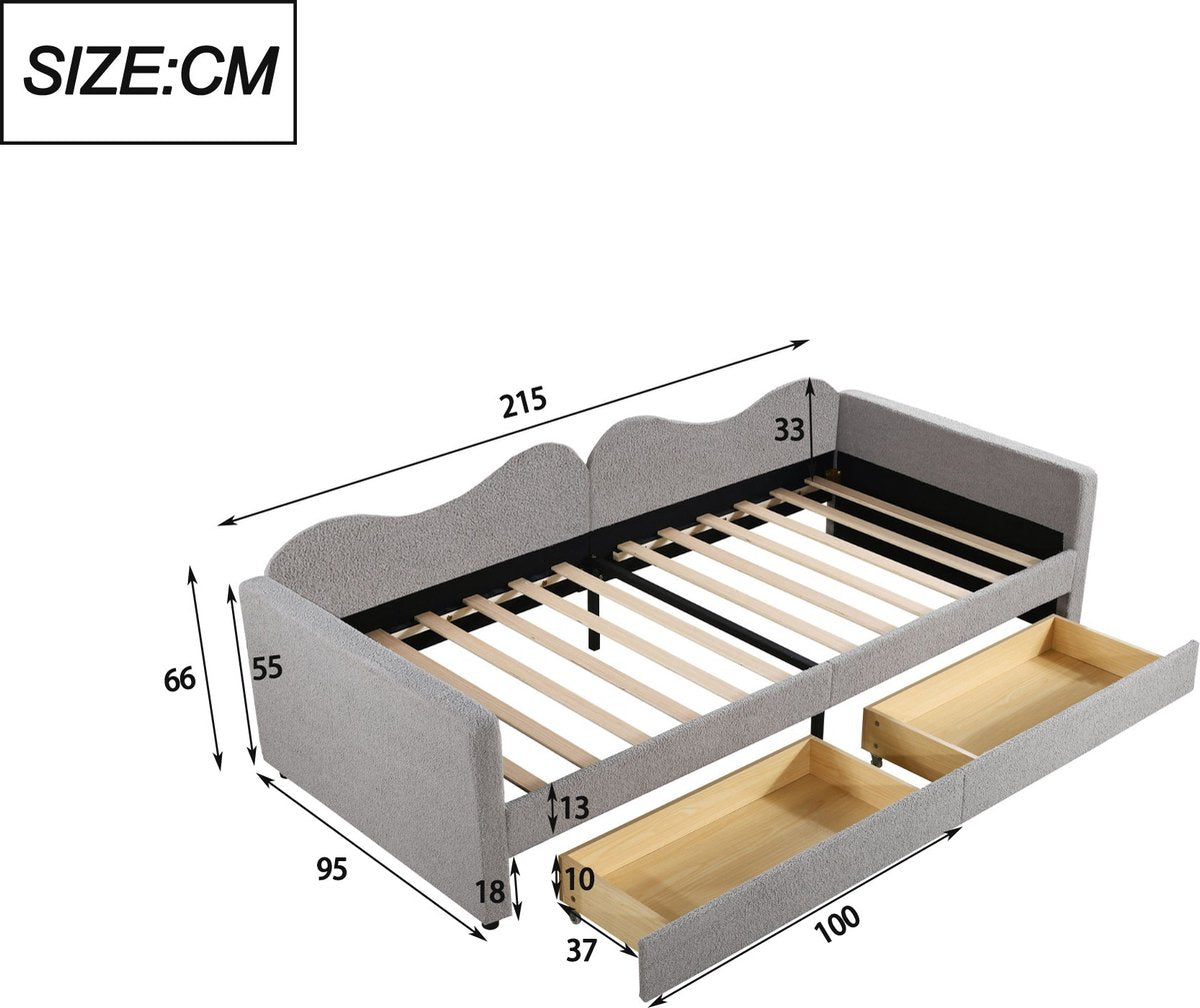 Kinderbed - Slaapbank met 2-laden - Teddybeerbedframe - Multifunctioneel Zacht -  Bed Met Rugleuning en Armleuningen -  90*200 cm -Grijs -  (Ween matras)