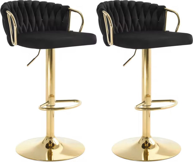 Luxe barkruk - Fluweel Barkruk - Set van 2 - Gevlochten - Hoogte verstelbaar - 360 graden draaibaar - Velvet - Gouden poot - Zwart