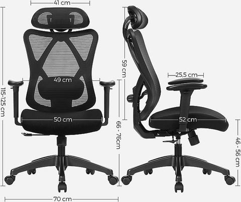 Bureaustoel - Ergonomische bureaustoel - Computerstoel - Mesh stoel - Verstelbare lendensteun en hoofdsteun - Maximale belasting 150 kg - Hoogte verstelbaar - Zwart