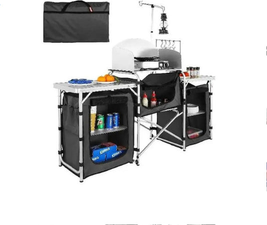 Campingkeuken - Buitenkeuken - Inklapbaar - 174x110x46cm - Campingkast - Incl. Opbergtas - Buitenkooktafel met opbergtas - Aluminium kookstation met 3 kasten - Afneembaar windscherm - Bruin