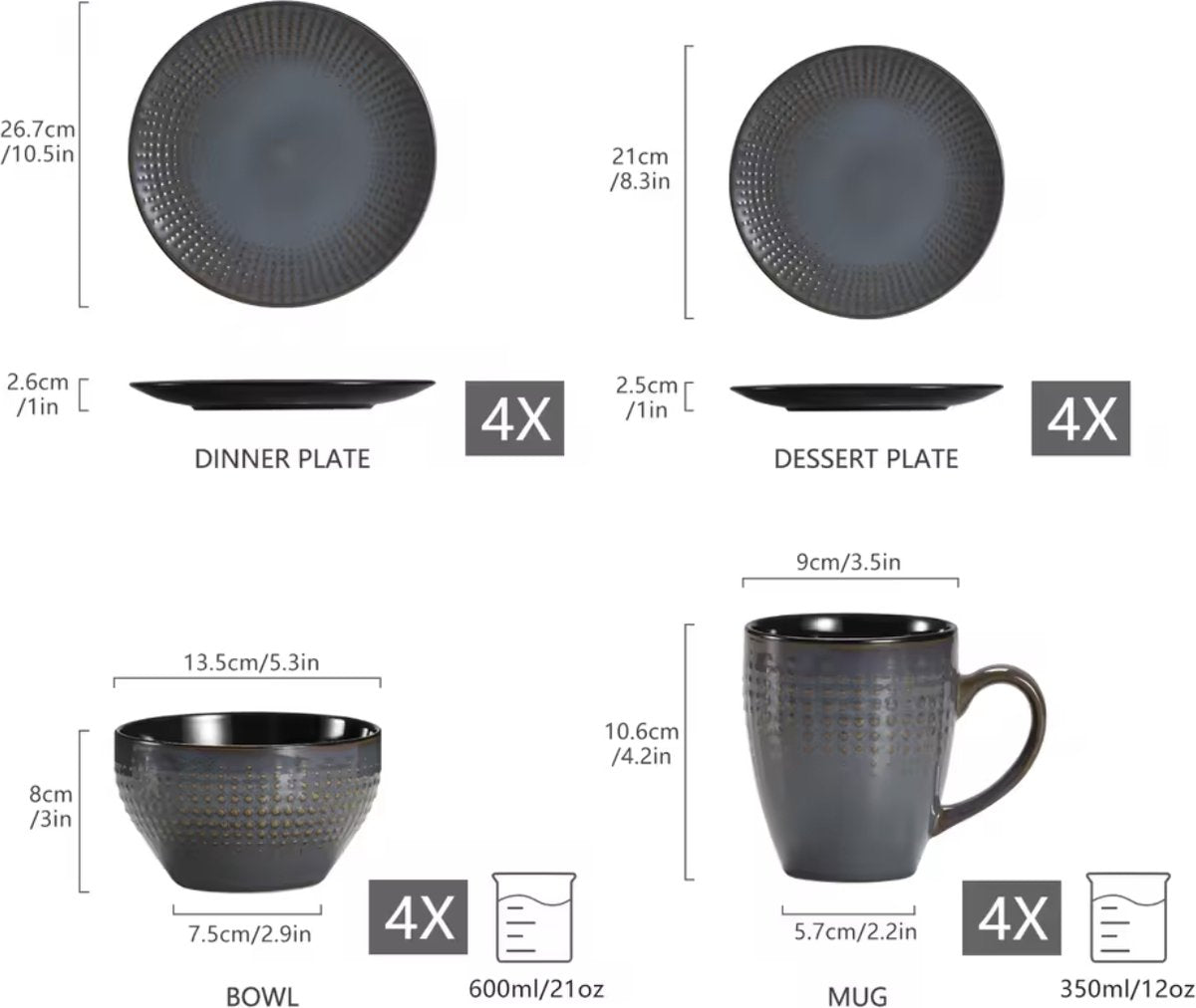 Dinnerware set Blue - Ceramic - 8 large plates - 8 small plates - 8 bowls - 8 cups - 32 pieces - Relief - Blue