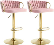 Luxe barkruk - Fluweel Barkruk - Set van 2 - Gevlochten - Hoogte verstelbaar - 360 graden draaibaar - Velvet - Gouden poot - Roze