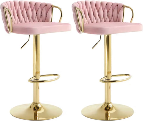 Luxe barkruk - Fluweel Barkruk - Set van 2 - Gevlochten - Hoogte verstelbaar - 360 graden draaibaar - Velvet - Gouden poot - Roze