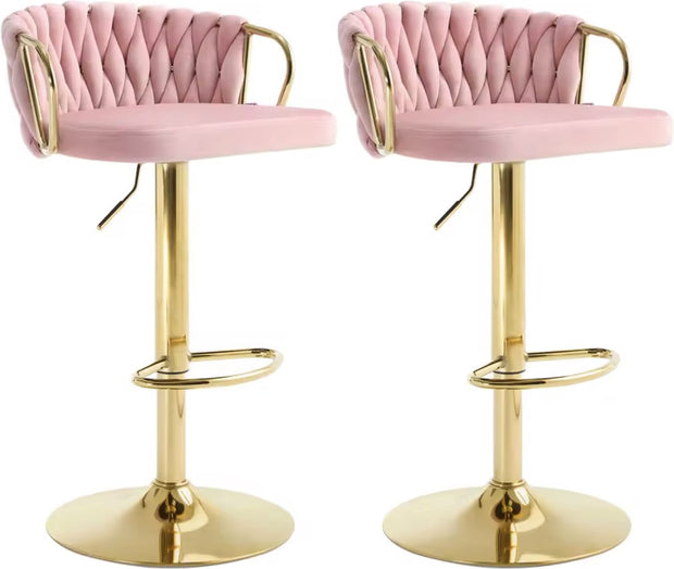 Luxe barkruk - Fluweel Barkruk - Set van 2 - Gevlochten - Hoogte verstelbaar - 360 graden draaibaar - Velvet - Gouden poot - Roze