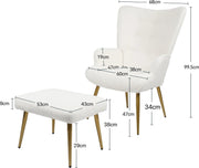 Fauteuil - Relaxing chair - Met voetenbankje - Leesstoel - Woonkamer stoel - Fauteuil - Stoel met voetenbank - Stoel met hocker - Goud metalen poten - Teddy stof - Wit