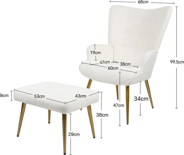 Fauteuil - Relaxing chair - Met voetenbankje - Leesstoel - Woonkamer stoel - Fauteuil - Stoel met voetenbank - Stoel met hocker - Goud metalen poten - Teddy stof - Wit