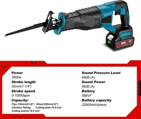 Reciprozaag Pro8 - Professioneel - Krachtig 3000W - Snelheid Variabel - Incl 2 Accu's - Lader - 4 Zaagbladen - 18V Compatibel - Opbergtas