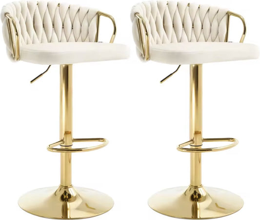 Luxe barkruk - Fluweel Barkruk - Set van 2 - Gevlochten - Hoogte verstelbaar - 360 graden draaibaar - Velvet - Gouden poot - Cream Wit