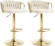 Luxury bar stool - Velvet Bar Stool - Set of 2 - Braided - Height adjustable - 360 degree rotatable - Velvet - Gold leg - Cream White