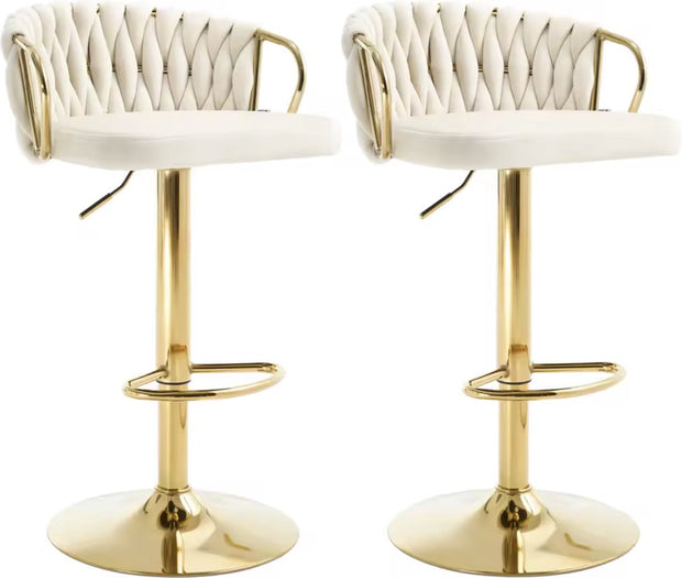 Luxury bar stool - Velvet Bar Stool - Set of 2 - Braided - Height adjustable - 360 degree rotatable - Velvet - Gold leg - Cream White