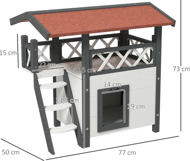 Kattenhuis - voor Buiten – Duurzaam Houten Hok - met 2 Verdiepingen – Ruime Kooi - Bench en Ren – Weerbestendig en Comfortabel – Wit