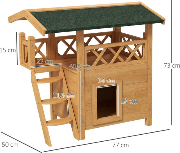 Kattenhuis - voor Buiten – Duurzaam Houten Hok - met 2 Verdiepingen – Ruime Kooi - Bench en Ren – Weerbestendig en Comfortabel – Bruin