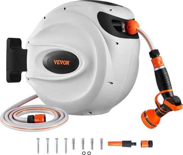 Wandgemonteerde Intrekbare Slanghaspel - 35m x 12mm - Automatisch Oprolsysteem - 180° Draaibare Beugel - 9 Patronen Spuitmond, Geschikt voor Tuinen - Auto's en Huisdieren