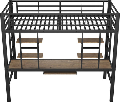 Kinderbed - Zonder Matras - Zonder Stoel - Metalen Bedframe met Bureau en Twee Boekenplanken - Geschikt voor Kinderen - Tieners en Volwassenen - 90x200 cm - Zwart