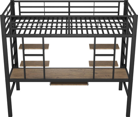 Kinderbed - Zonder Matras - Zonder Stoel - Metalen Bedframe met Bureau en Twee Boekenplanken - Geschikt voor Kinderen - Tieners en Volwassenen - 90x200 cm - Zwart