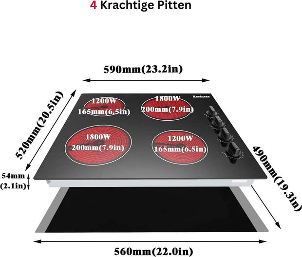 Elektrische Kookplaat 4 Pits - Elektrische Kookplaat 4 Branders - Keramische Kookplaat met Knoppen - Zwart