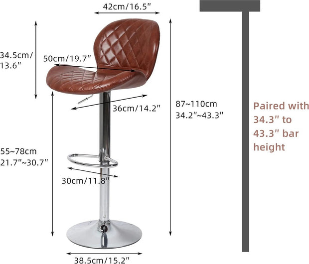 Barkruk - Barstoel - Barkrukken set van 2 - Industrieel - Hoogte 111 cm - Zithoogte Verstelbaar 57-80cm - Max Belastbaar Gewicht 150kg - Bruin