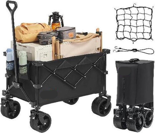 Opvouwbare Strandwagenkar - Bolderkar - Terreinwielen - Drankhouders - Ergonomische Handgreep - 100 kg Draagvermogen - Gemakkelijk Opvouwbaar