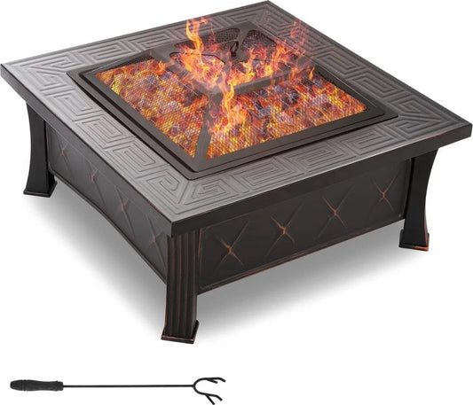 BBQ - Grill Apparaat - Vuurkorf - Vuurschaal - Met Kookrooster - Met Vonkscherm - Met Poker Haak en Opvangbak - Tuinhaard - Kookplaat - Vierkant - Zwart - 81x81x34.5CM