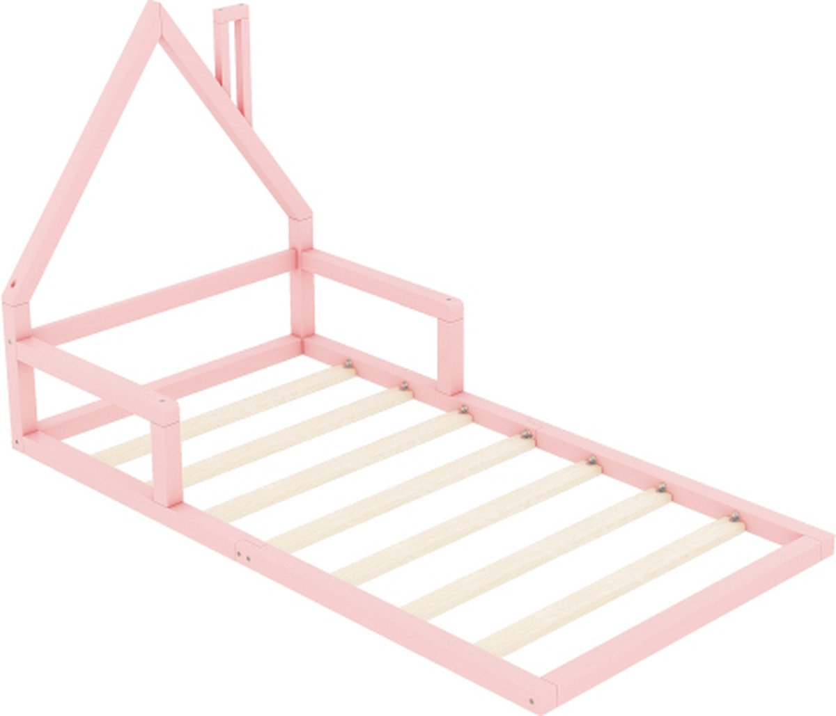 Kinderbed - Plat Bed - Huisvorm - Massief Grenen - Eenvoudige Vorm - 90*200 cm - Roze