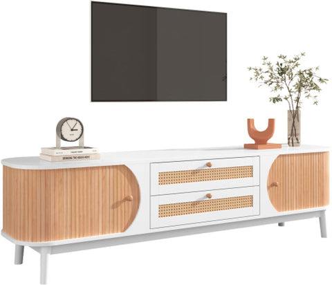 TV-Meubel - van Natuurlijke Houtmix - met Deuren en Lades - TV-Meubel met Rotan Zijkanten - Opbergoplossing - Natuurlijke - Landhuisstijl