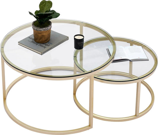 Tafels - Rond - Glas - Koffietafel - Set van 2 - Makkelijk schoonmaken - Houtnerf - Salontafel - Woonkamermeubel