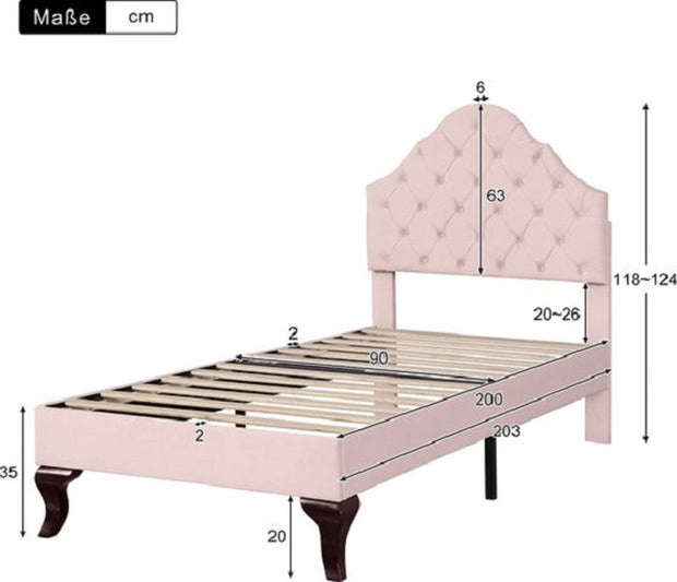 Enkel bed,Gemakkelijke montage, 90*200cm Gestoffeerd bed met lattenbod en hoofdeinde, Gestoffeerd bed met in hoogte verstelbaar hoofdeinde, Jeugdbed, Houten lattensteun, Fluweel, roze