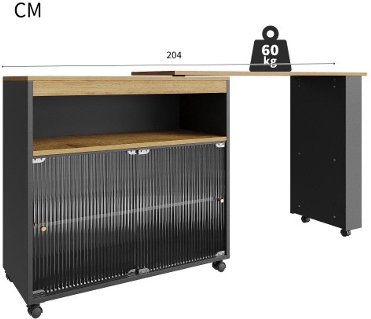 Uitschuifbare Bartafel met Opbergruimte - Moderne Verplaatsbare Bartafel - Telescopische Bartafel met LED - Bartafel - Bistrotafel - Hoge Tafel - Kookeiland - Bistrotafel - (138-204×39×105cm) - Zwart