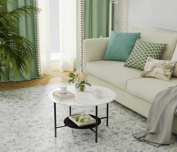 Salontafel - Ronde salontafel - Gesinterd steen - Marmerlook - 2 laags - Wit/Zwart - 80cm