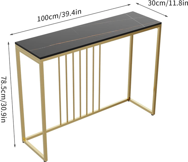 Luxe sidetable - Muurtafel - Wandtafel - Bijzettafel - Console tafel - Wandbureau - Kaptafel - Bartafel - Zwart marmer blad - Goud frame - 100 x 300 x 78.5cm