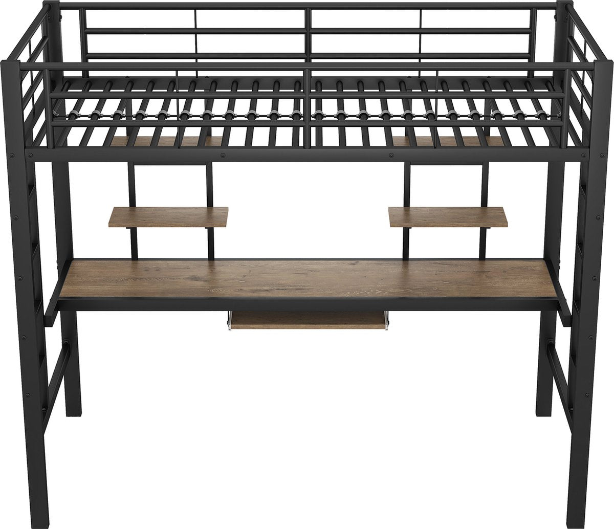 Kinderbed - Zonder Matras - Zonder Stoel - Metalen Bedframe met Bureau en Twee Boekenplanken - Geschikt voor Kinderen - Tieners en Volwassenen - 90x200 cm - Zwart