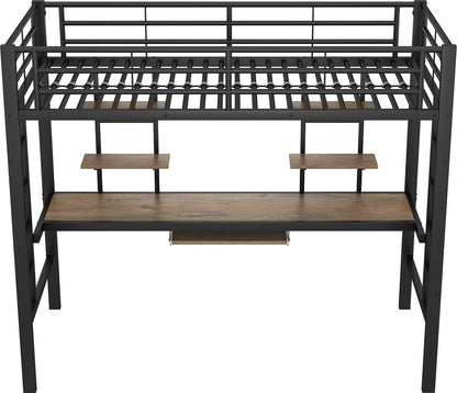 Kinderbed - Zonder Matras - Zonder Stoel - Metalen Bedframe met Bureau en Twee Boekenplanken - Geschikt voor Kinderen - Tieners en Volwassenen - 90x200 cm - Zwart
