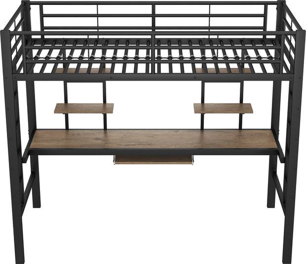 Kinderbed - Zonder Matras - Zonder Stoel - Metalen Bedframe met Bureau en Twee Boekenplanken - Geschikt voor Kinderen - Tieners en Volwassenen - 90x200 cm - Zwart