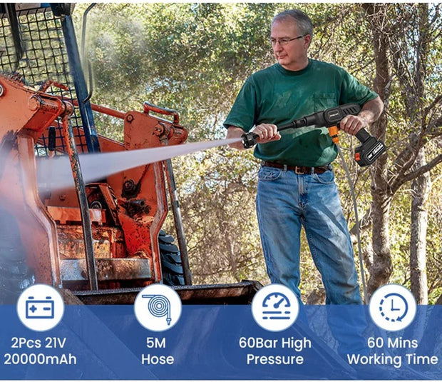 Pressure Washer - High Pressure Sprayer - 3 Gears - Cordless - Full Set - Foam Spray - 6in1 Adjustable Nozzle - 5meter Hose - 5 Accessories - 2x Battery Included - 60Bar - 10L/M - 10meter Range - 21V Battery - Black